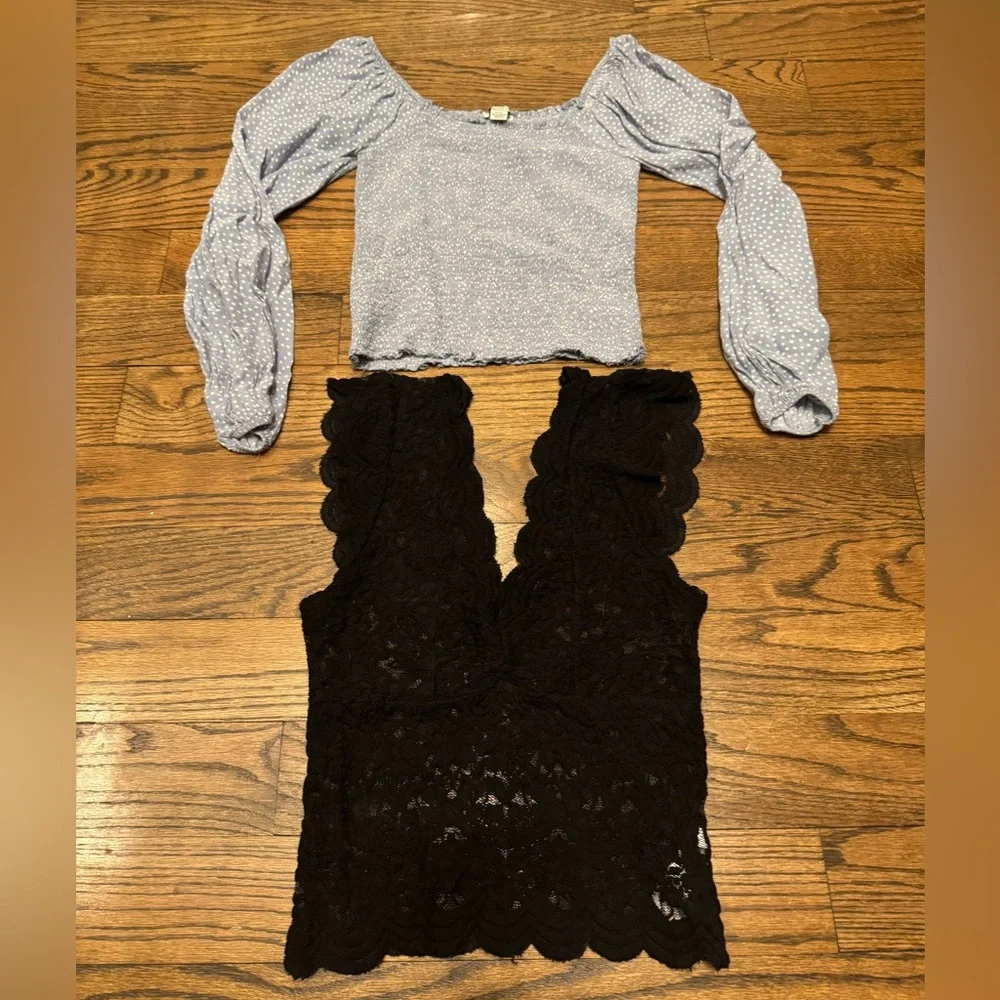 Zara Black Lace Deep V Tank + American Eagle Smocked Polka Dot Top Bundle Size S